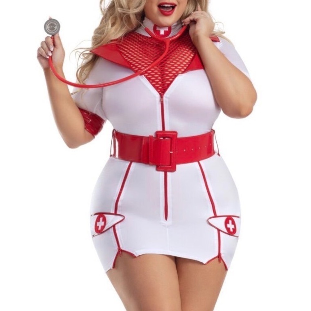 Sexy Nurse Halloween Costume Set White Red Zip Front Mini Dress Belt Mesh Top